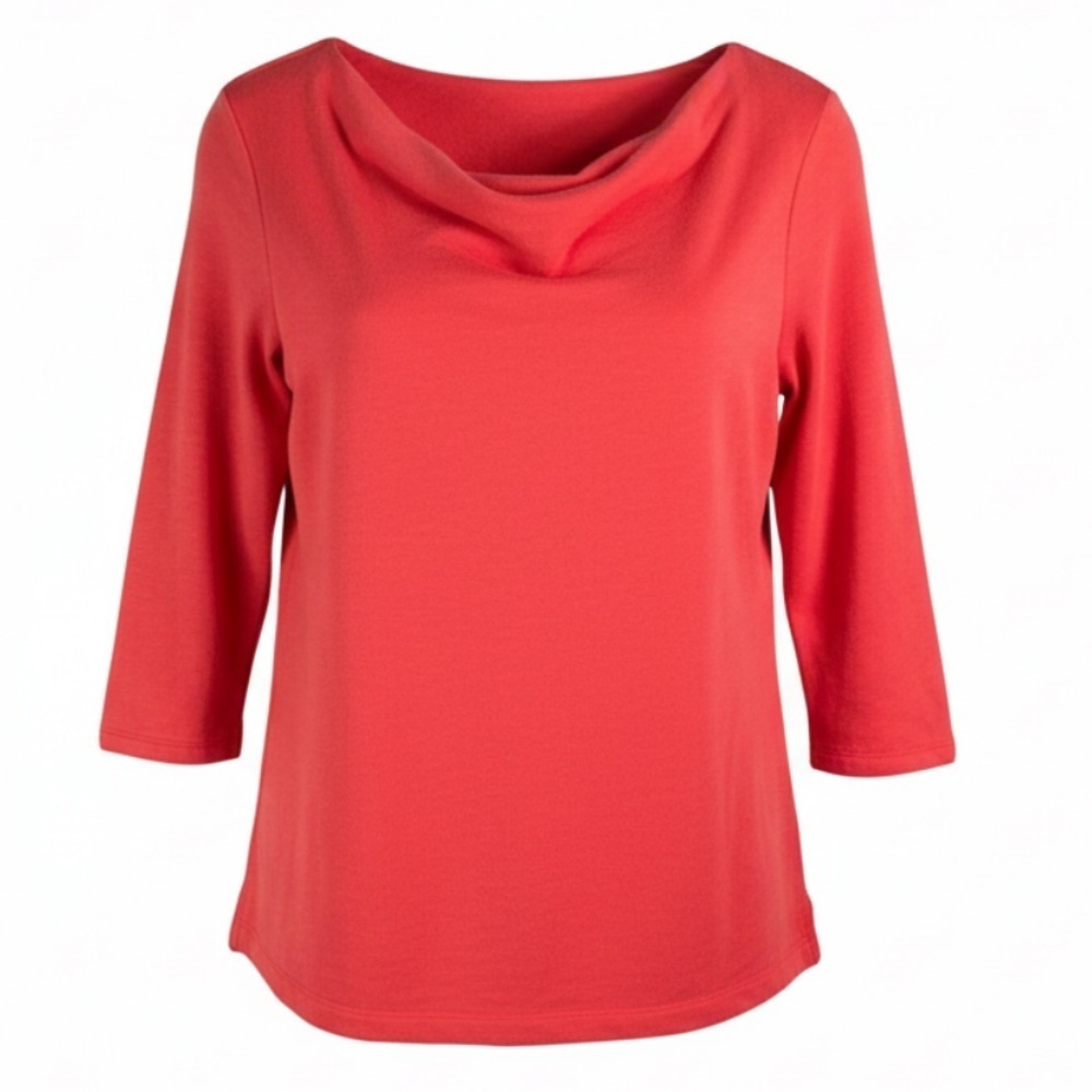 LANDS END Cowl Neck Top Coral Orange Textured Pullover Bright Coastal Size S
